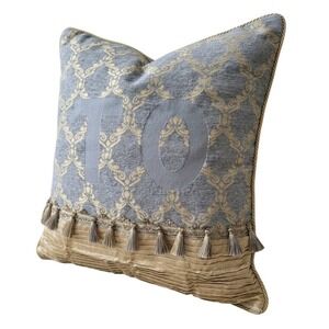 Croscill Slate Blue Gold Damask Luxury Euro Pillow Sham Tassel  Pleated 26x26